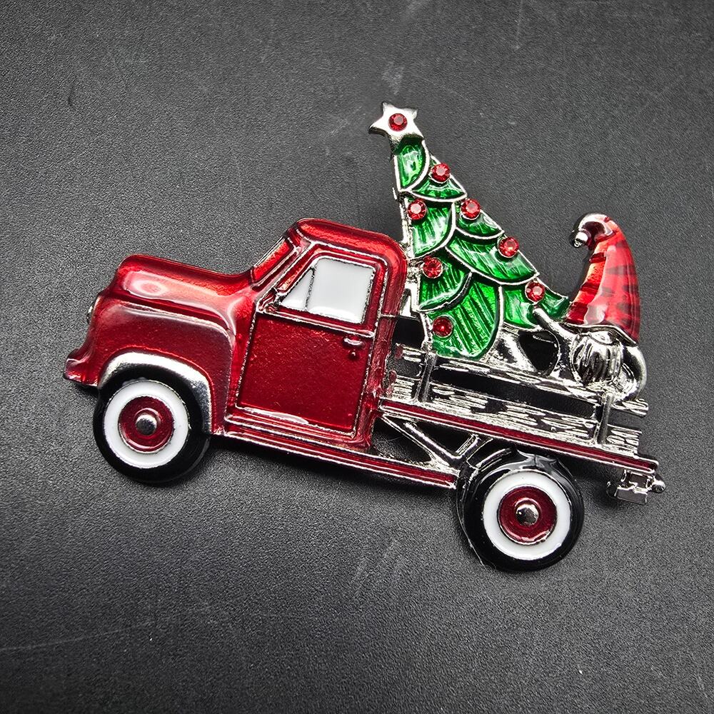 Christmas Farm Truck Brooch Red Silver Tone Costume Jewelry